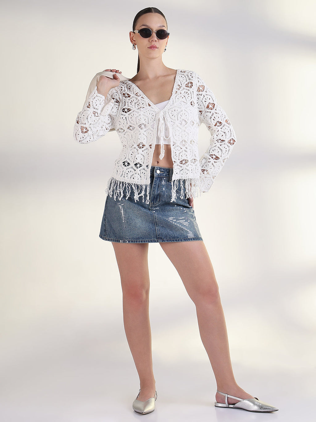 Women's White V-Neck Solid Sheer Crochet Top