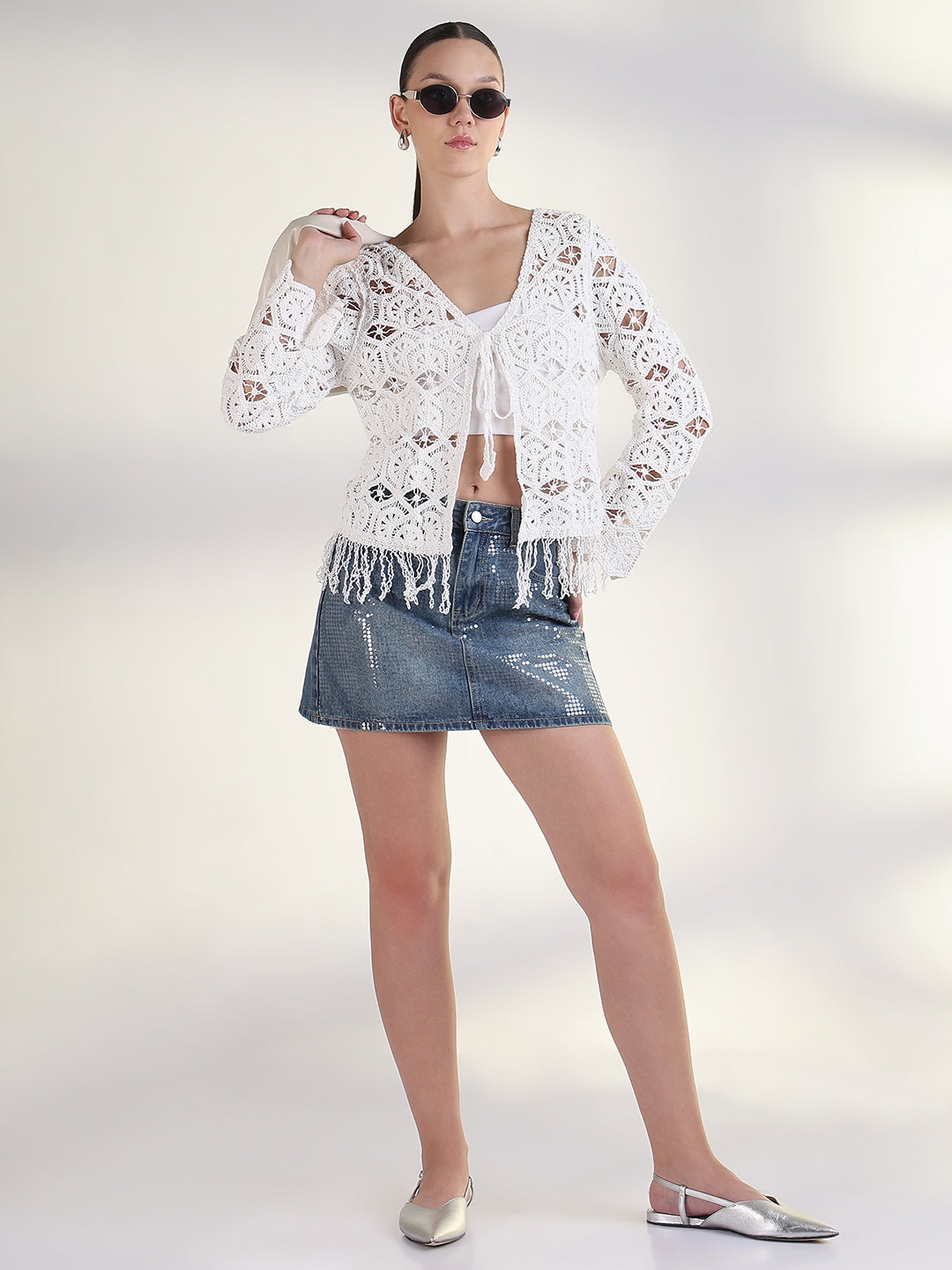 Women's White V-Neck Solid Sheer Crochet Top