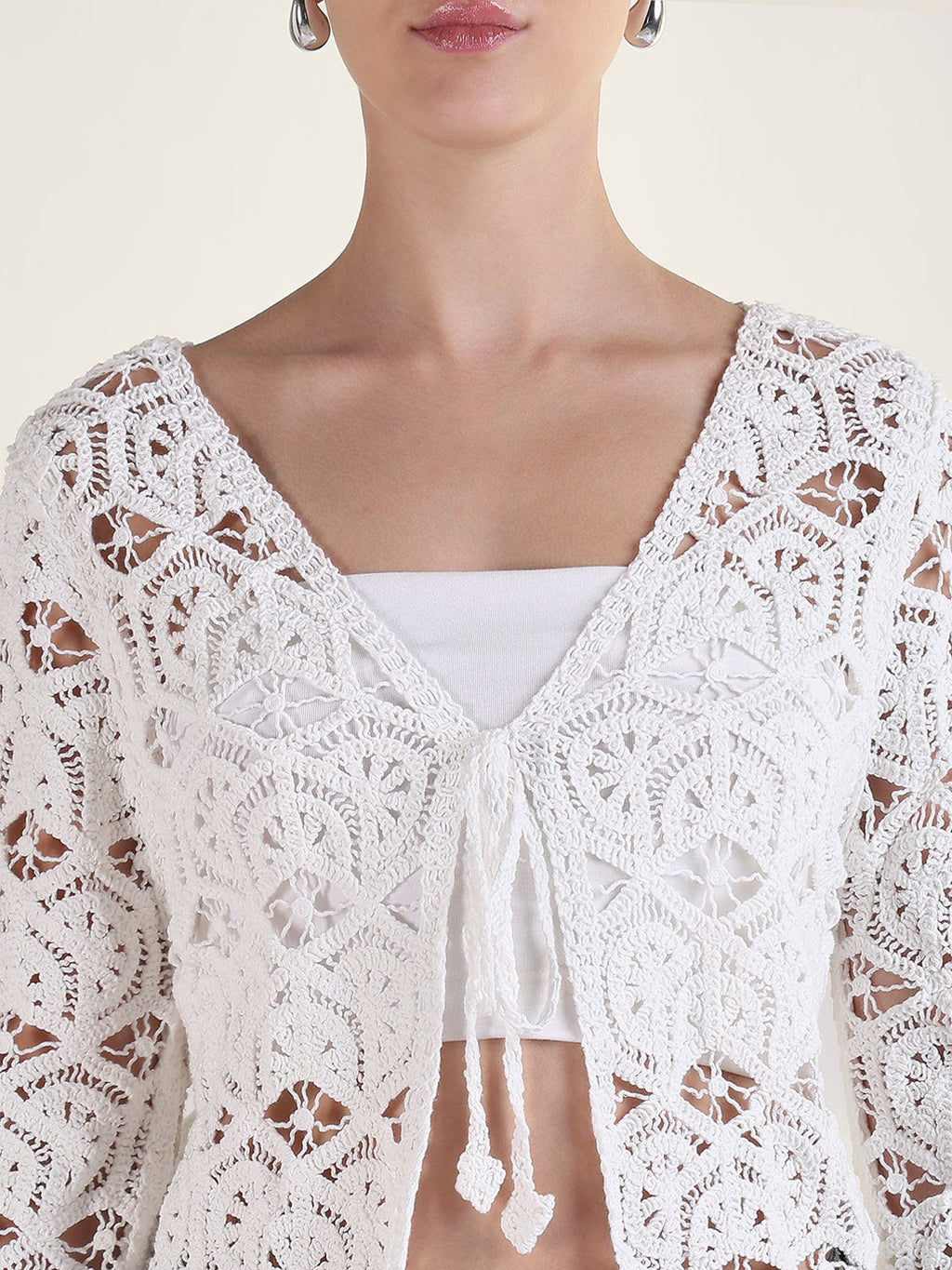 Women's White V-Neck Solid Sheer Crochet Top