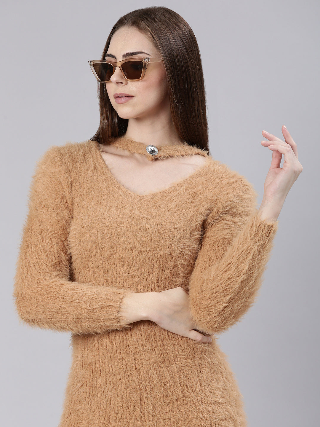 Women's Beige Knits Bodycon Dress