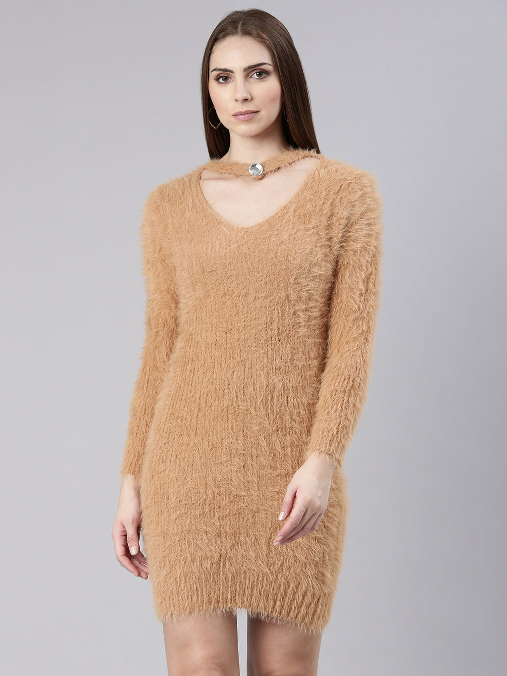 Women's Beige Knits Bodycon Dress