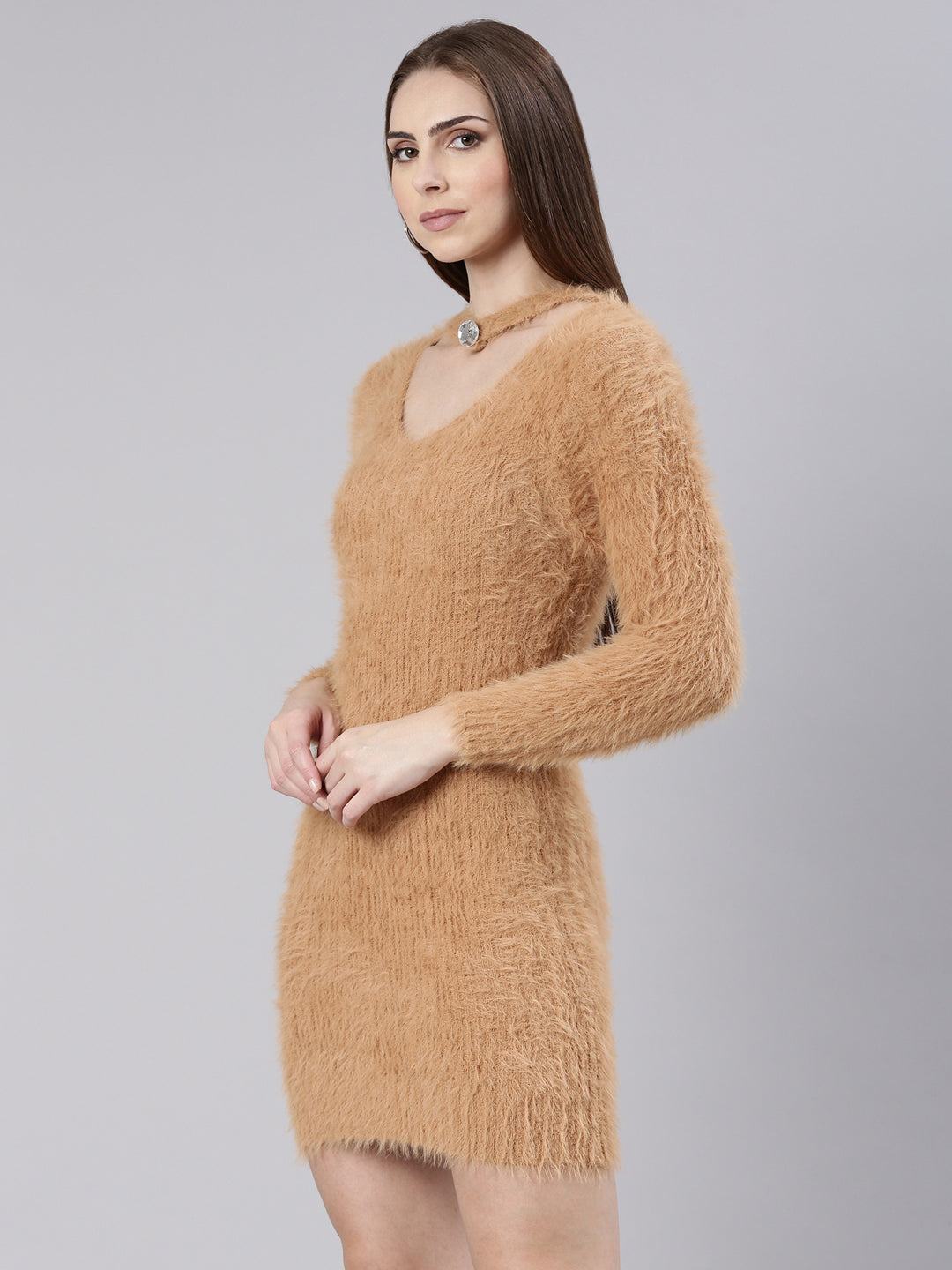 Women's Beige Knits Bodycon Dress