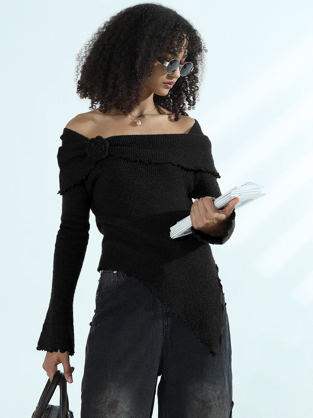 Women's Textured Black Asymmetric Off-Shoulder Knit Top