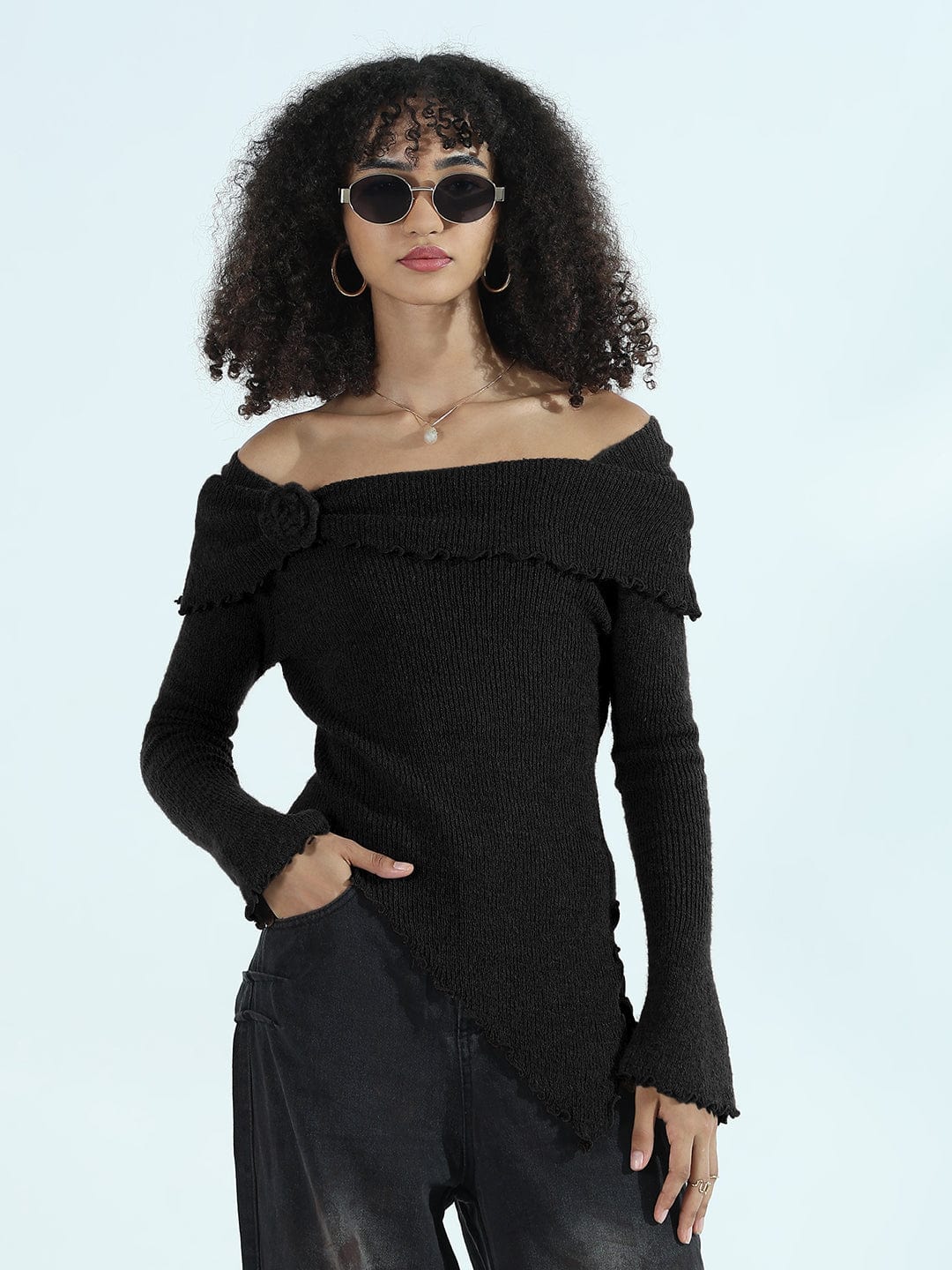 Women's Textured Black Asymmetric Off-Shoulder Knit Top