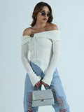 Women's Textured Brown Asymmetric Off-Shoulder Knit Top with Wood Button