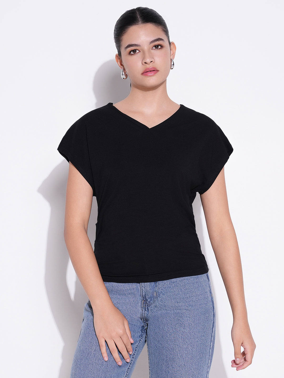 Women's Black V - Neck Extended Sleeves Top