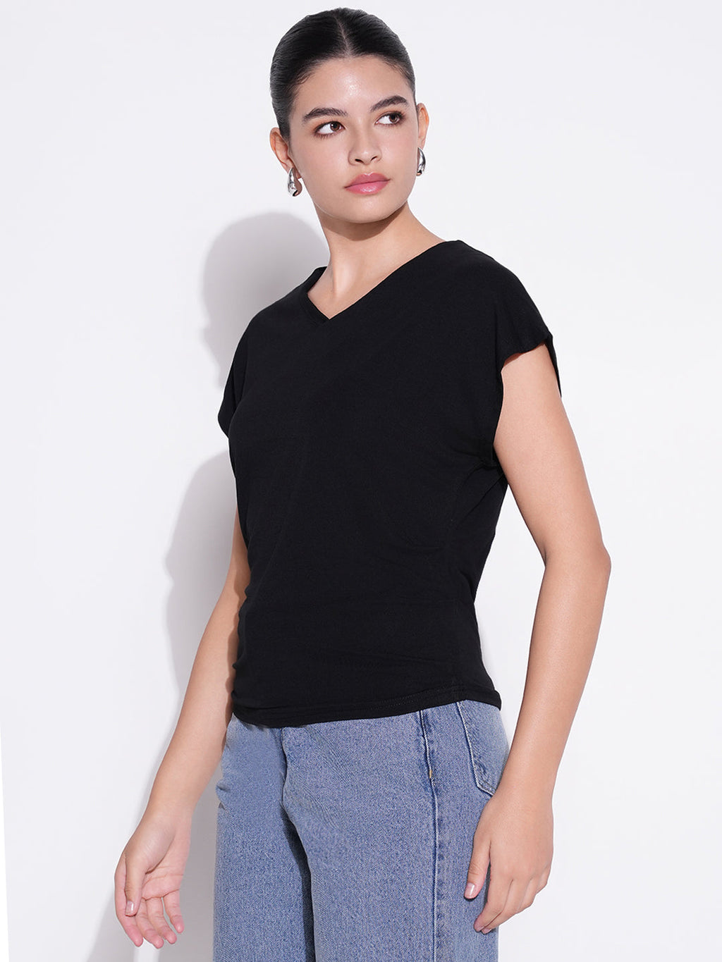 Women's Black V - Neck Extended Sleeves Top