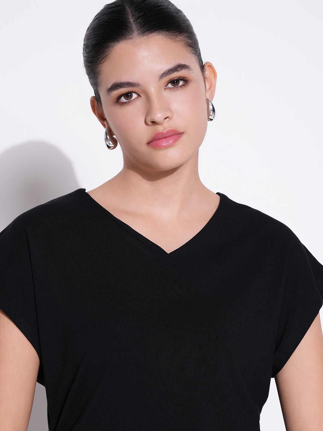 Women's Black V - Neck Extended Sleeves Top