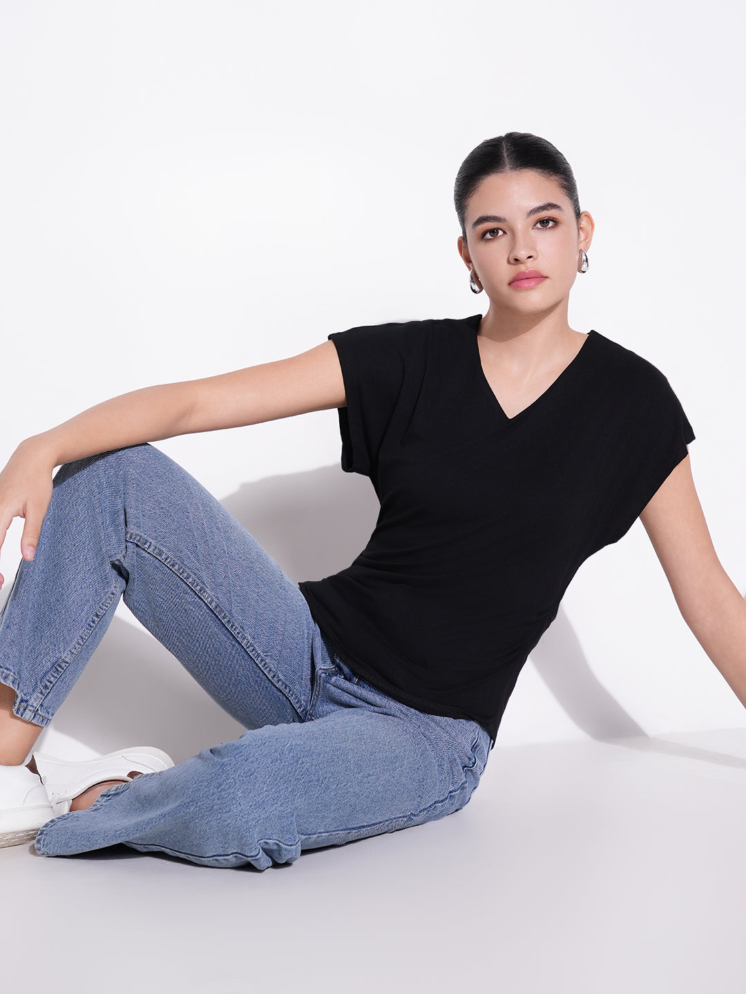 Women's Black V - Neck Extended Sleeves Top