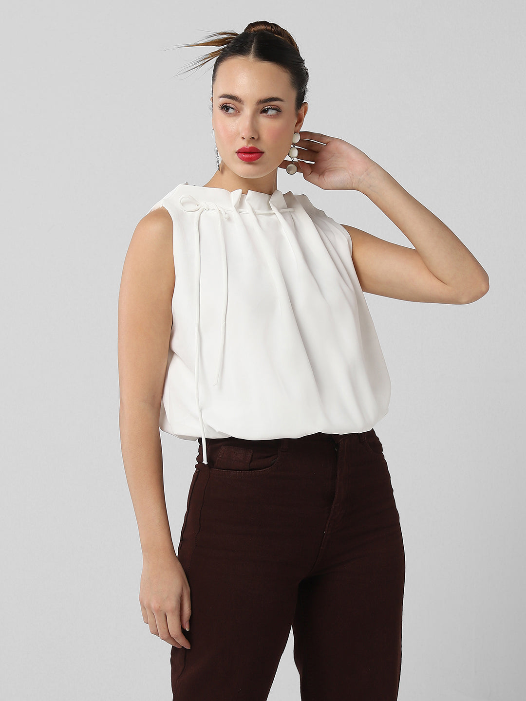 Women's White Satin Balloon Top with Tie Detail
