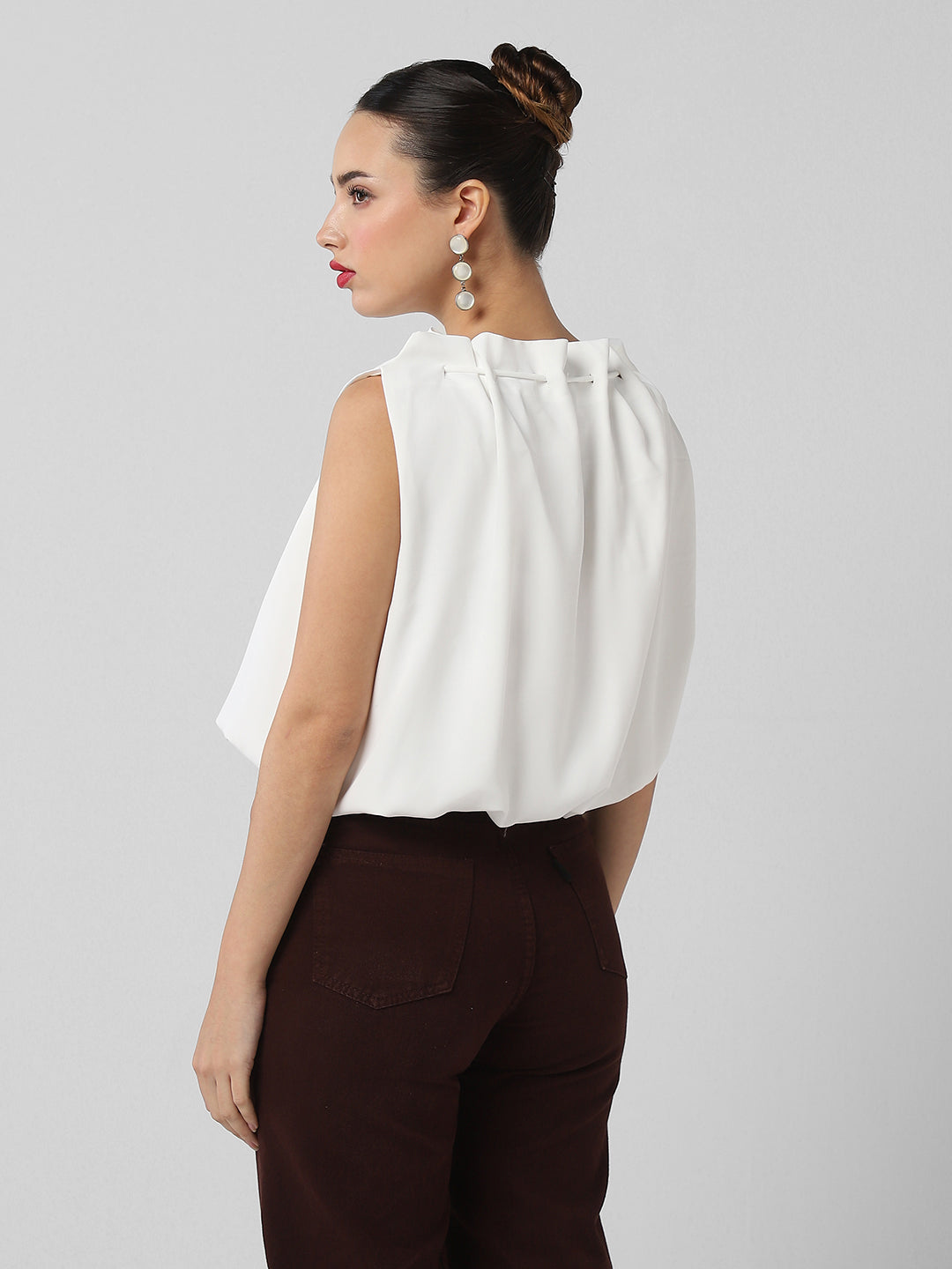 Women's White Satin Balloon Top with Tie Detail