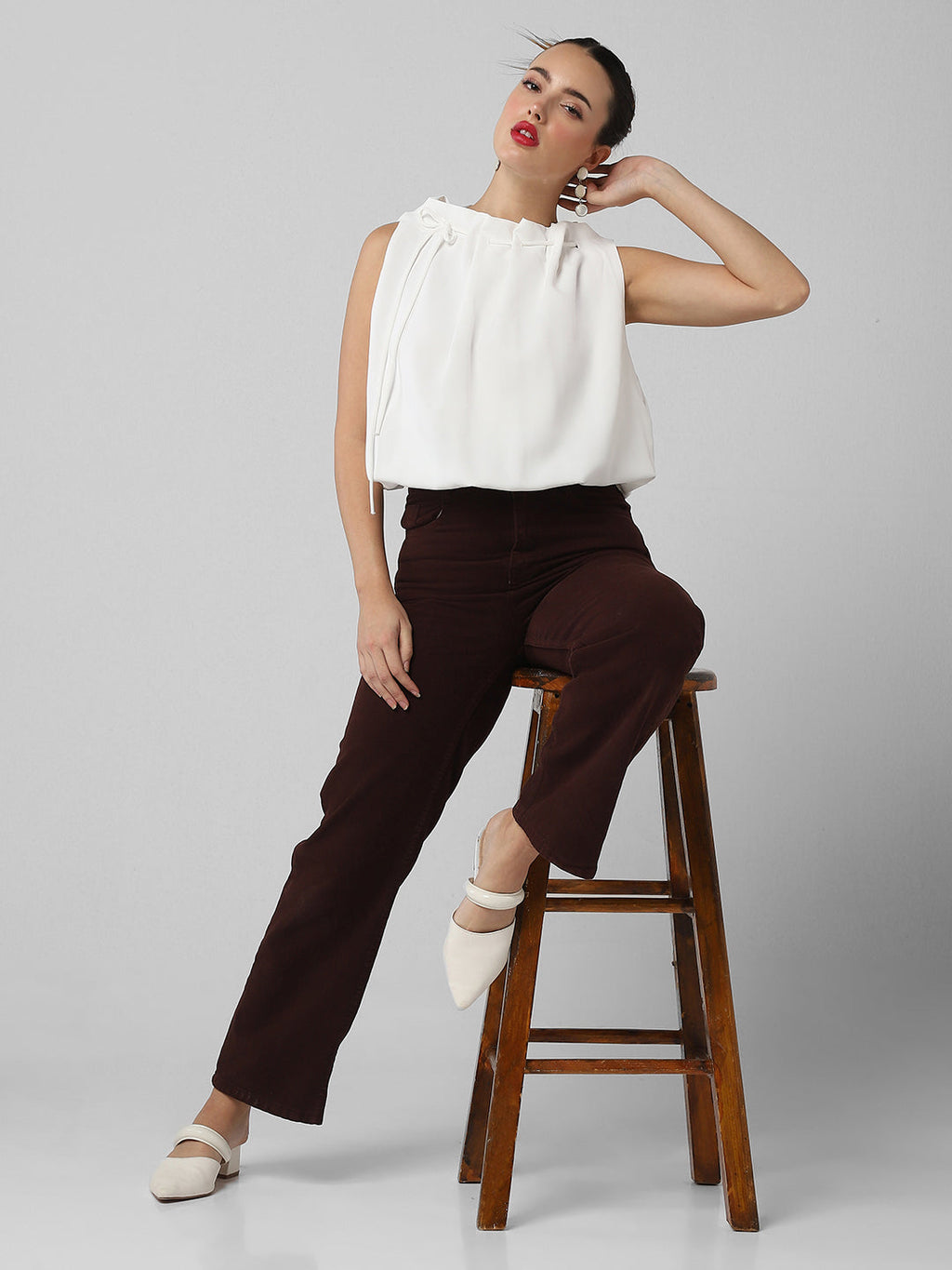 Women's White Satin Balloon Top with Tie Detail