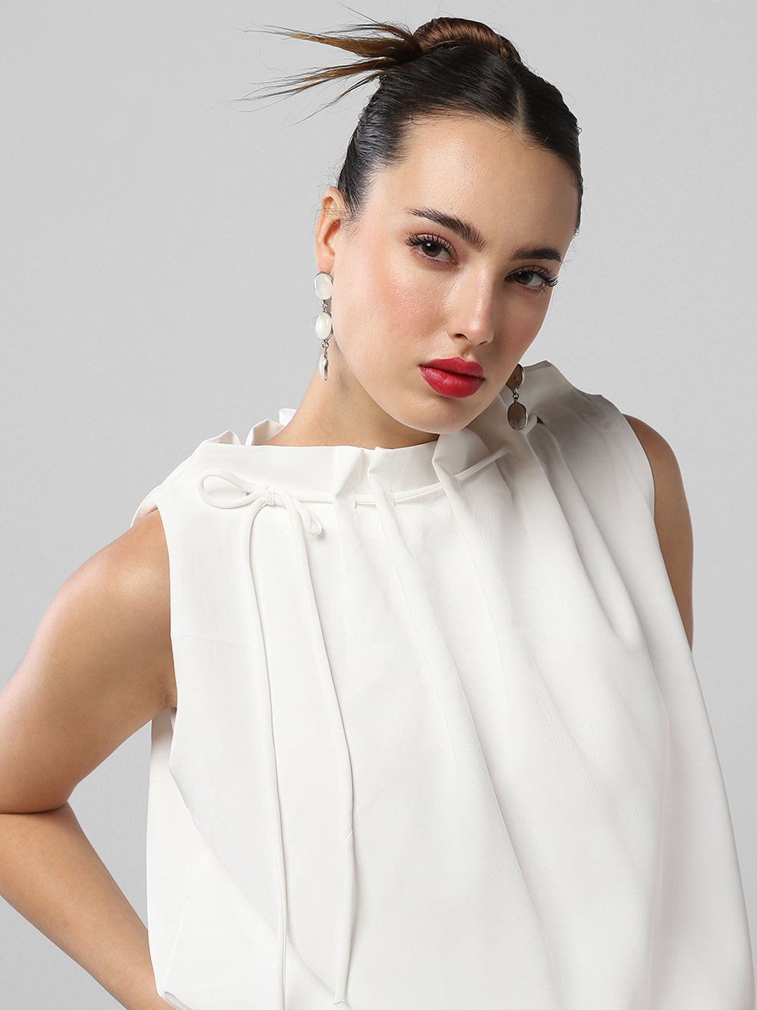 Women's White Satin Balloon Top with Tie Detail