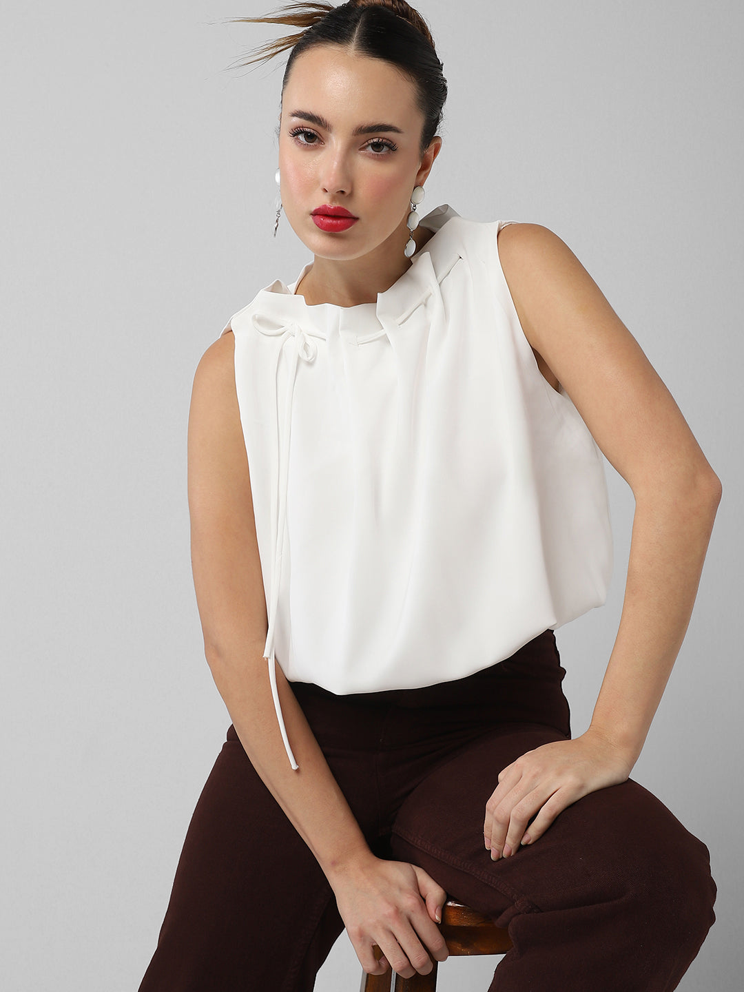 Women's White Satin Balloon Top with Tie Detail