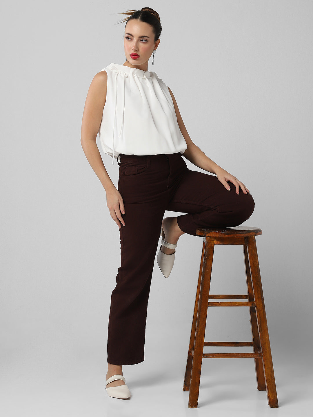 Women's White Satin Balloon Top with Tie Detail