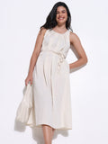 Women's Pleated Cream Round Neck Slip on Midi Dress waist Tie