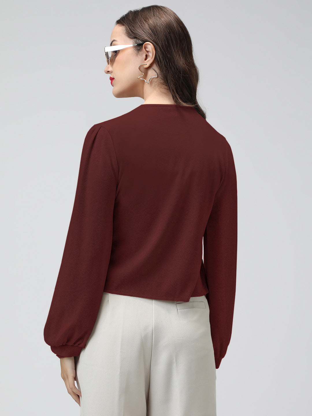 Women's Maroon V-Neck Long Sleeve Smocked Top