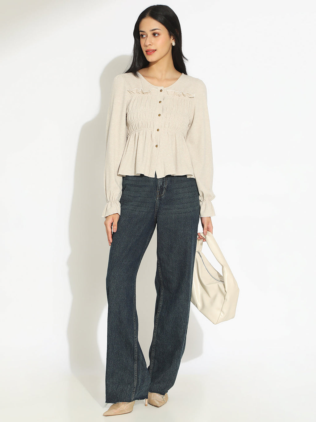 Women's Beige V-Neck Long Sleeve Smocked Top