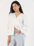 Women's Self Design V-Neck White Shirt Style Top