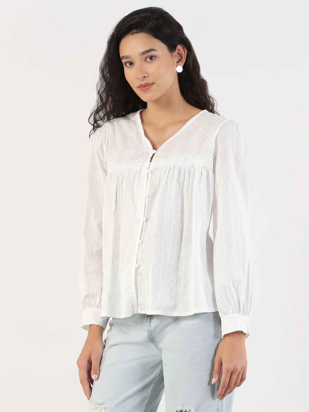 Women's Self Design V-Neck White Shirt Style Top