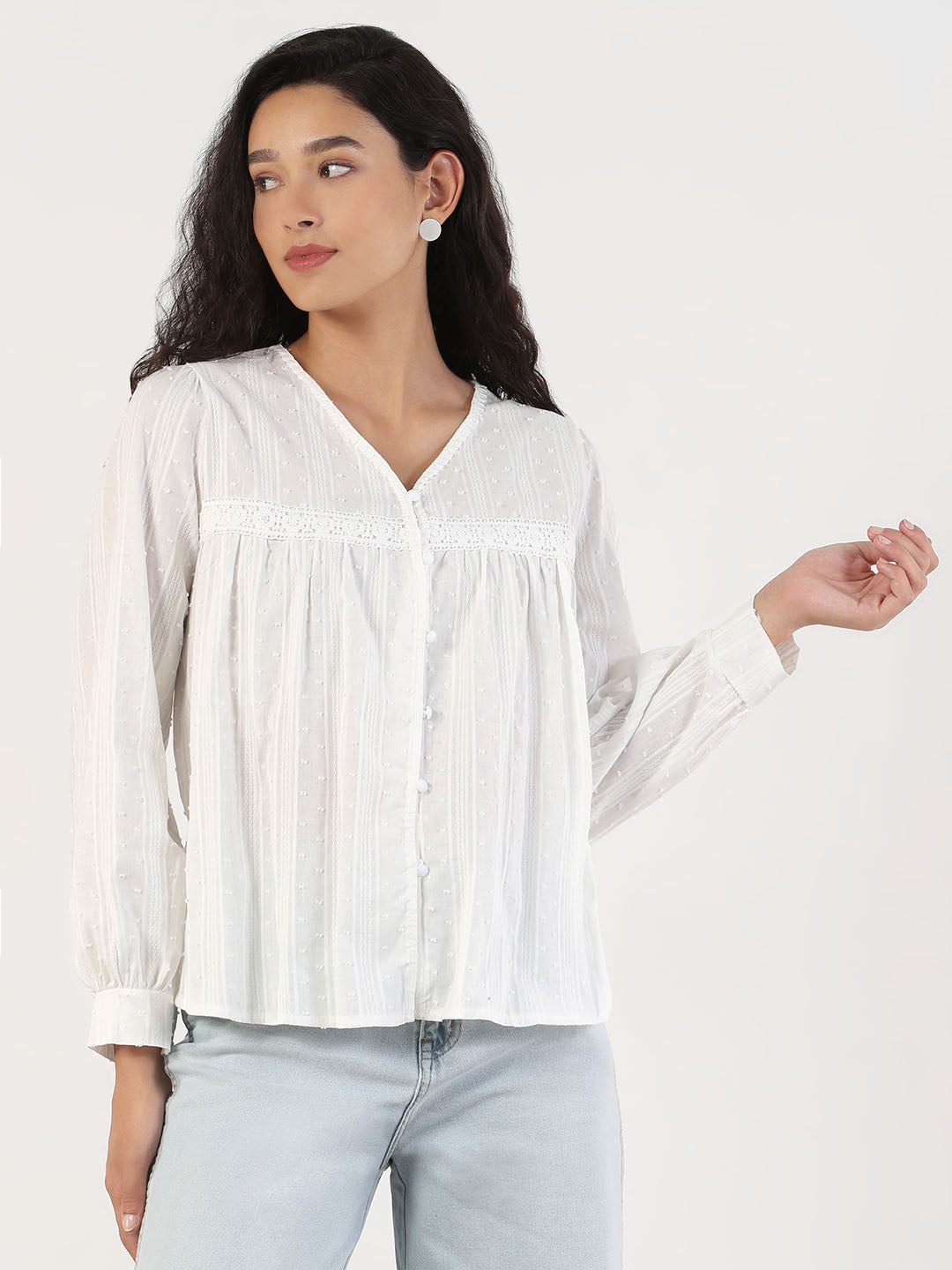 Women's Self Design V-Neck White Shirt Style Top