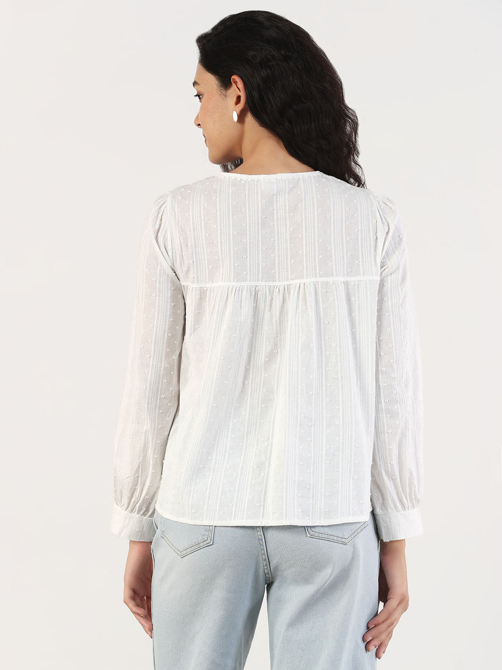Women's Self Design V-Neck White Shirt Style Top