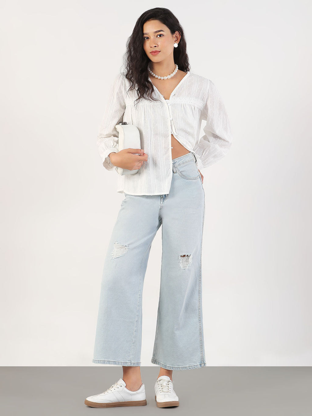 Women's Self Design V-Neck White Shirt Style Top