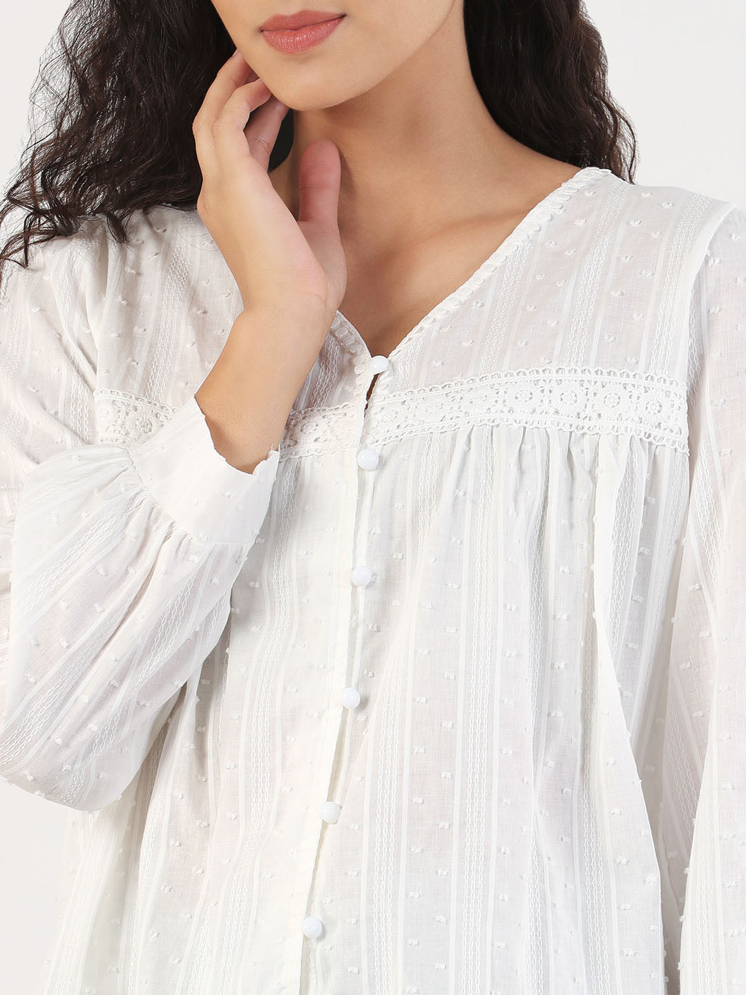 Women's Self Design V-Neck White Shirt Style Top