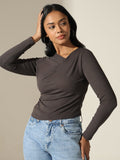 Women's Solid Grey Wrap Style Long Sleeve Top