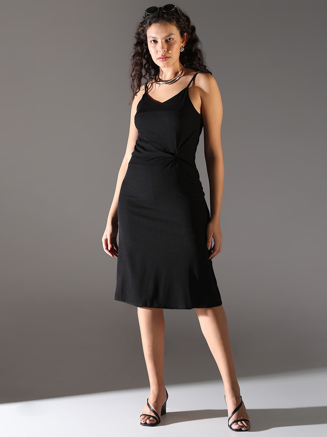 Women's Black Twisted Detail A-Line Midi Dress