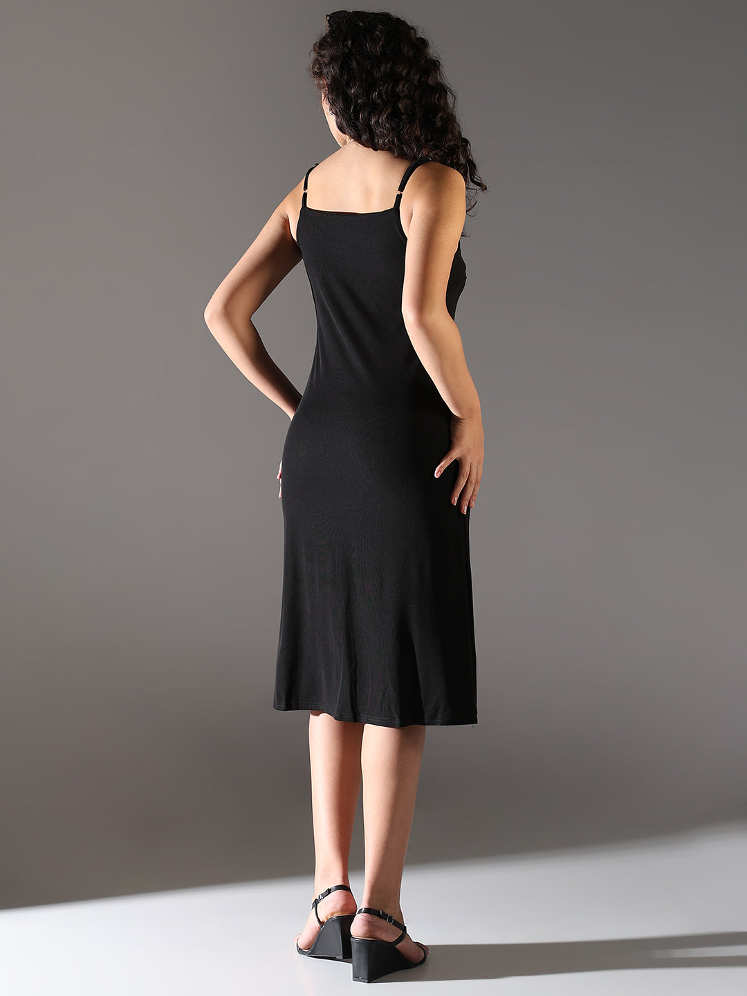 Women's Black Twisted Detail A-Line Midi Dress