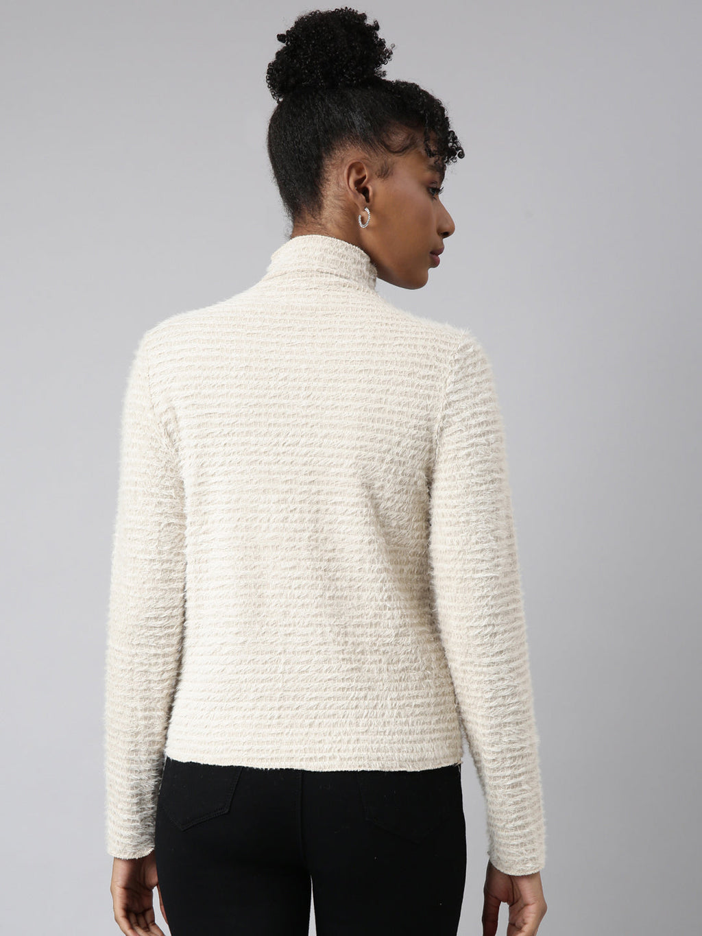 Women's Beige Long Sleeves High Neck Casual Top