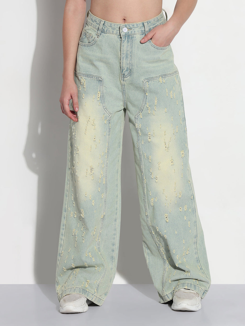 Women's Blue High Rise Distressed Baggy Jeans