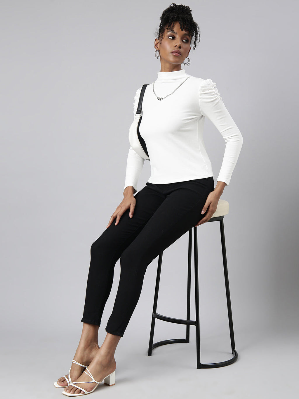 Women's White High Neck Long Sleeves Top Comes With Chain