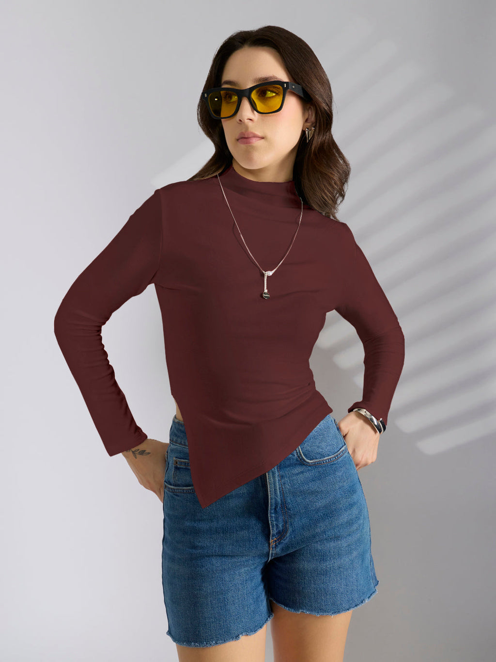 Women's Maroon Asymmetric Hem Top with Neck Chain