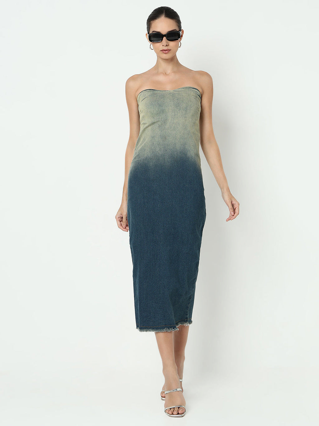 Women's Ombre Blue Bodycon Maxi Dress with Back Slit