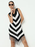 Women's Colourblocked Black Bodycon Dress with Fringe Hem
