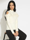 Women’s Knitted White Cold Shoulder Ruffle Top
