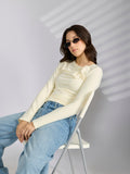 Women's Cream Asymmetric Ruched Neckline Long Sleeve Top