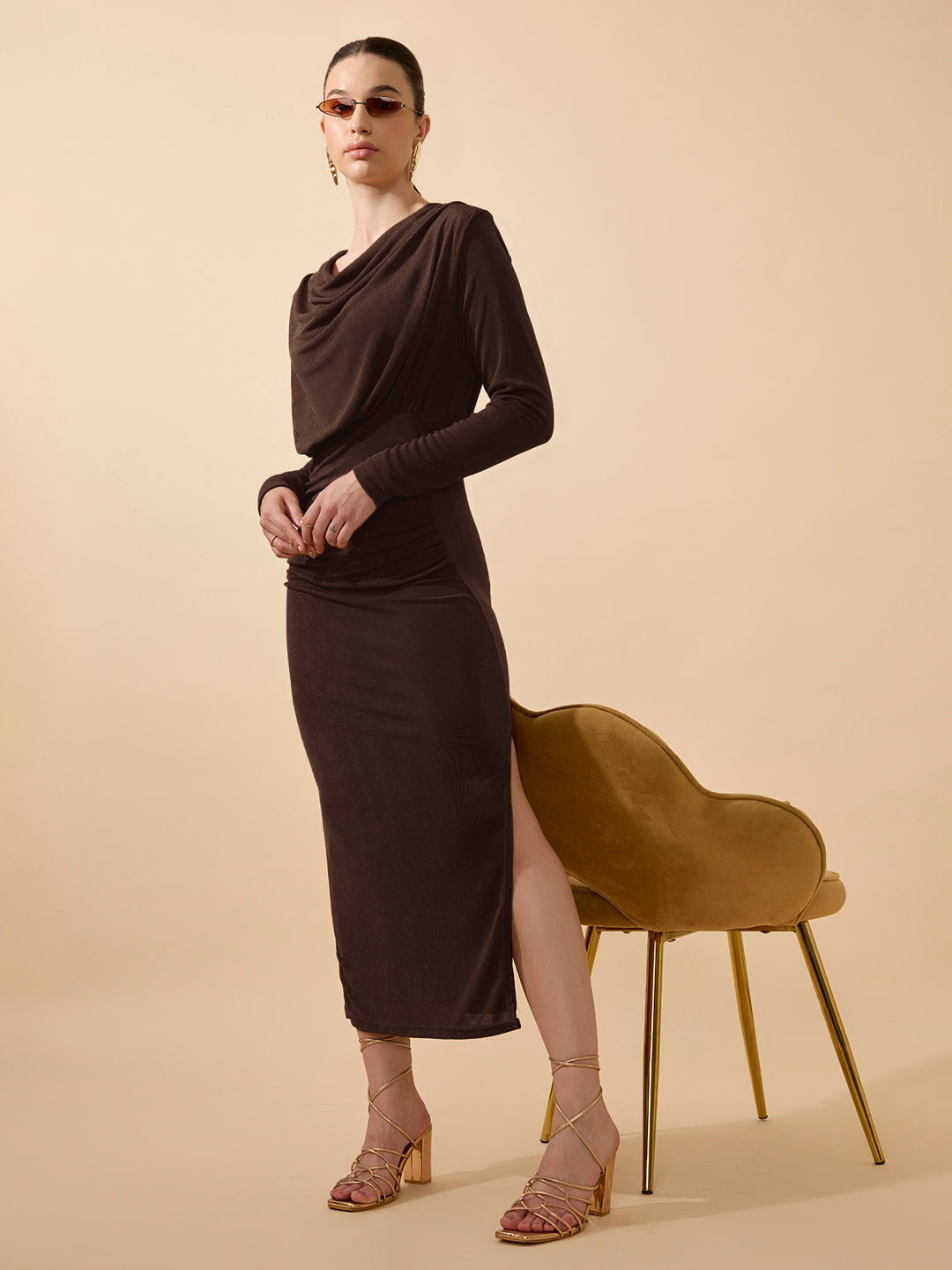 Women's Draped Velvet Brown Bodycon Maxi Dress with Side Slit