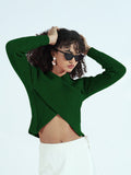 Women's Ribbed Green Asymmetric Wrap Style Short Top