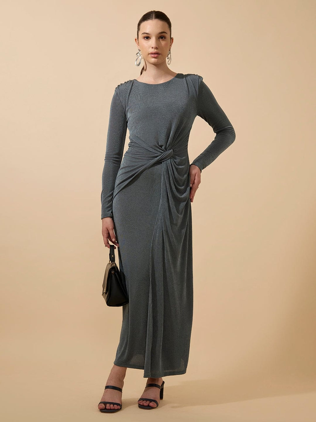 Women's Shimmer Draped Grey Knot Maxi Gown Dress