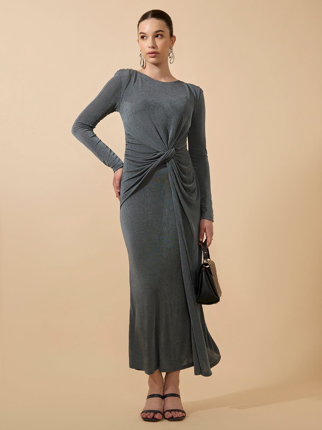 Women's Shimmer Draped Grey Knot Maxi Gown Dress
