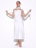 Women's White Satin Cowl Neck Slip Dress with Waist Tie