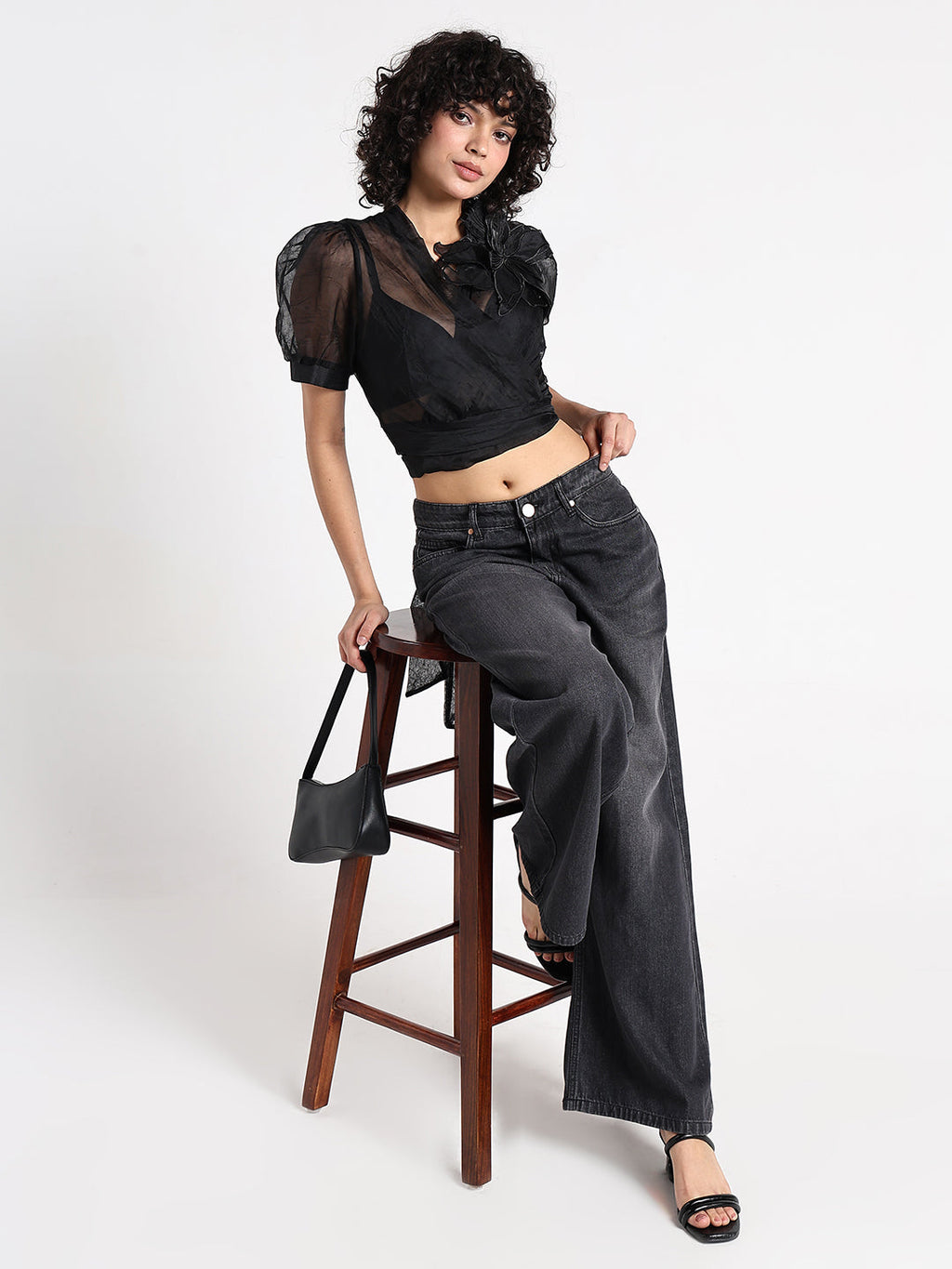 Women's Black Sheer Puff Sleeve Wrap Crop Top with Floral Applique