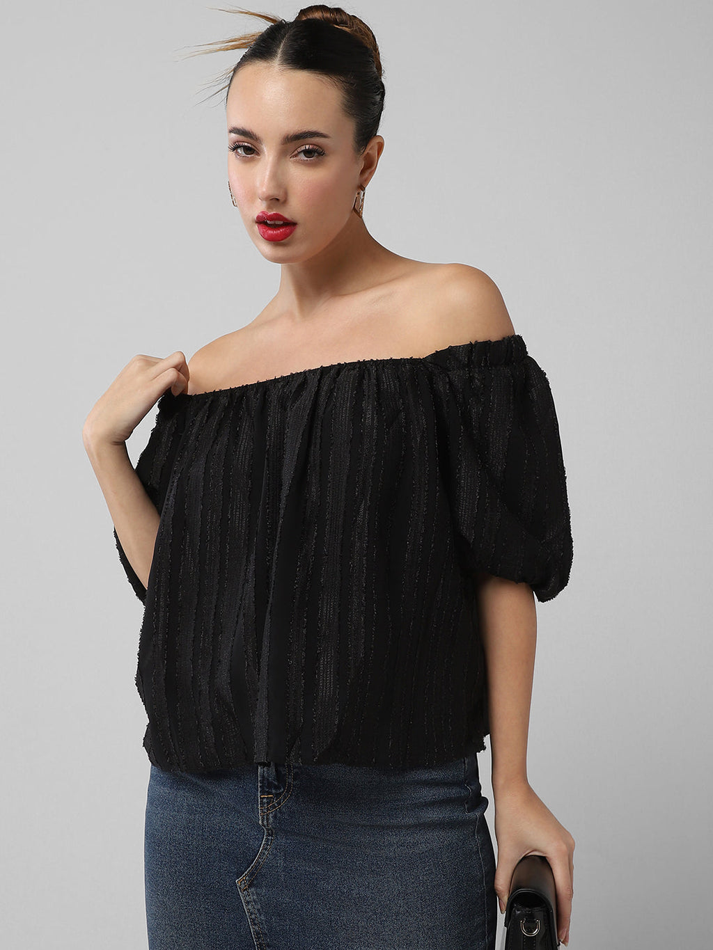 Women's Black Off-Shoulder Puff Sleeve Bardot Top