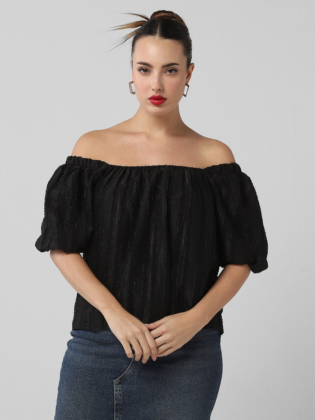 Women's Black Off-Shoulder Puff Sleeve Bardot Top