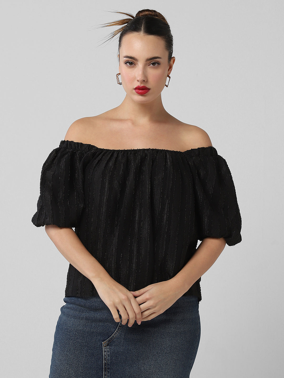 Women's Black Off-Shoulder Puff Sleeve Bardot Top