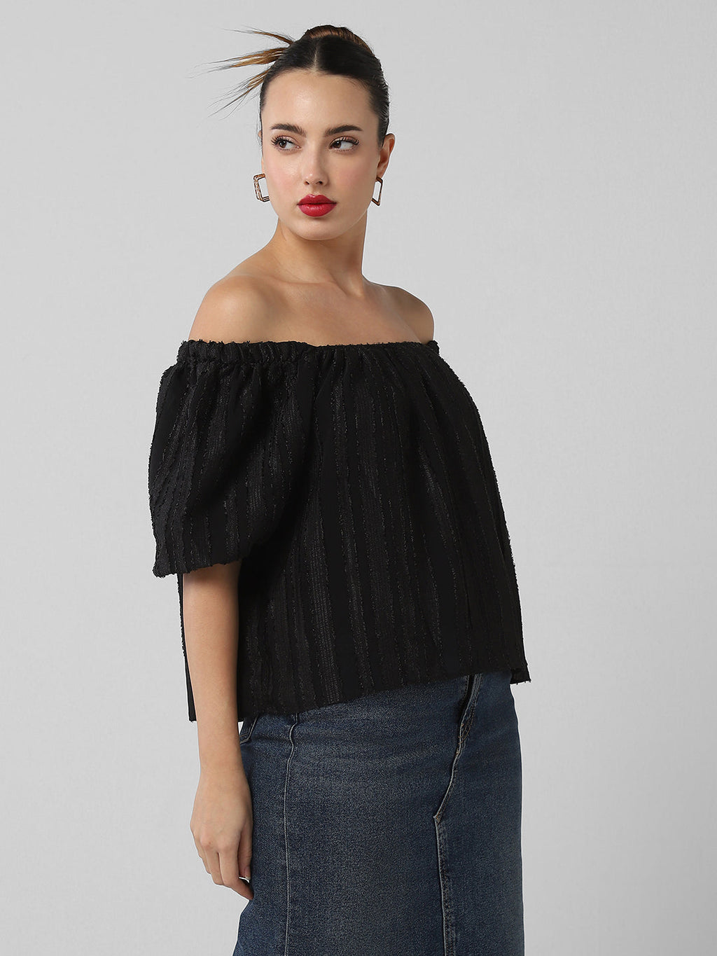 Women's Black Off-Shoulder Puff Sleeve Bardot Top