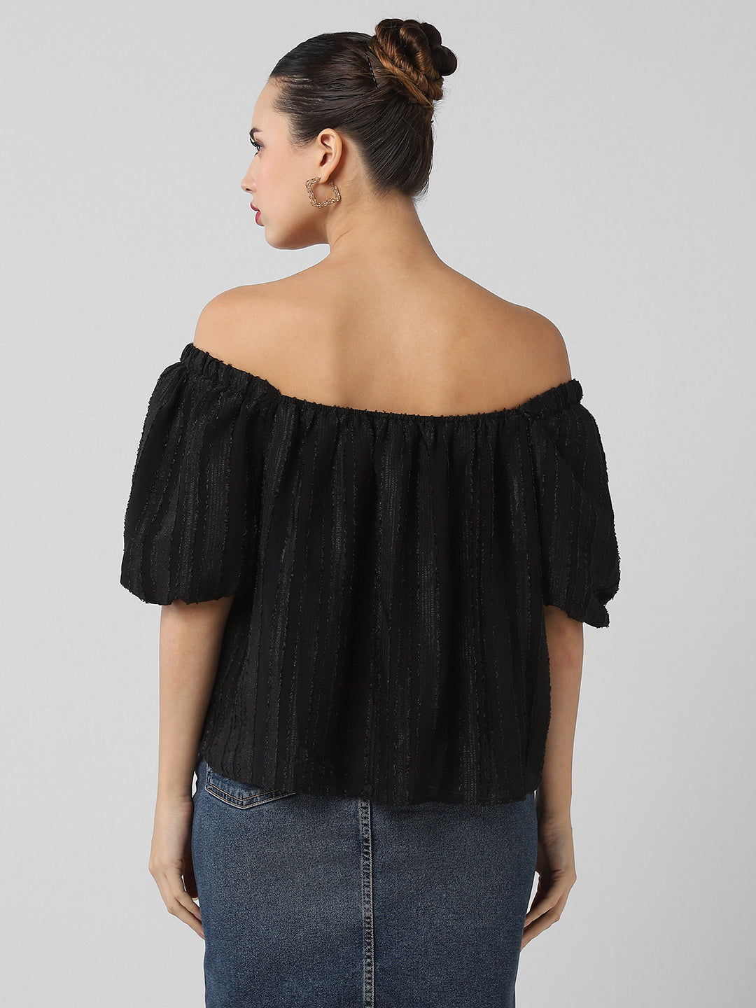 Women's Black Off-Shoulder Puff Sleeve Bardot Top